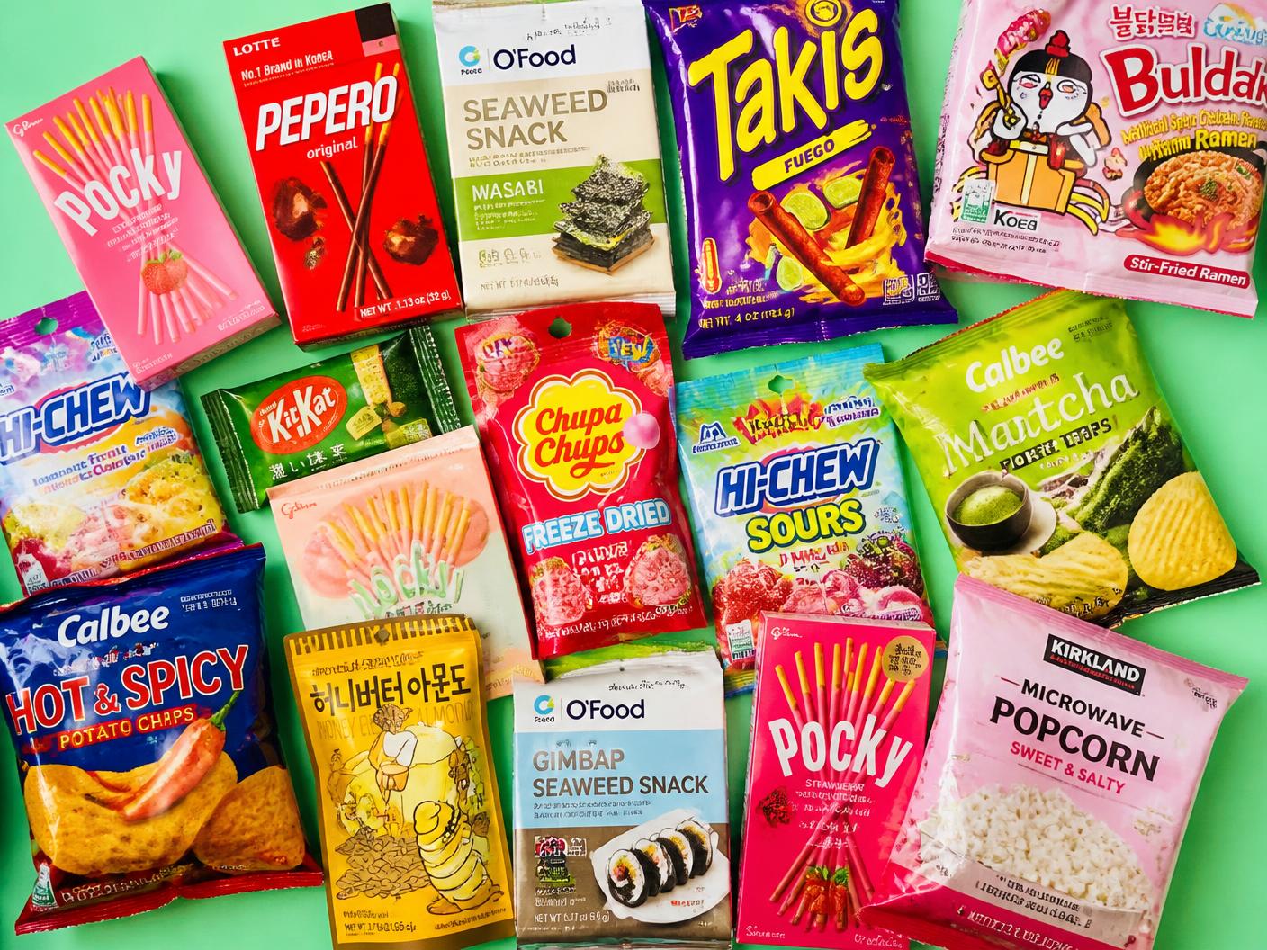 Imported exotic snacks available in Toronto: Pocky, Pepero, Takis, Hi-Chew, Buldak ramen and Calbee chips